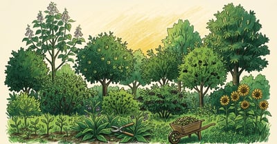 Layered syntropic guild garden with emergent trees, fruit canopy, currants and elderberry, dense ground cover of comfrey and sunflowers