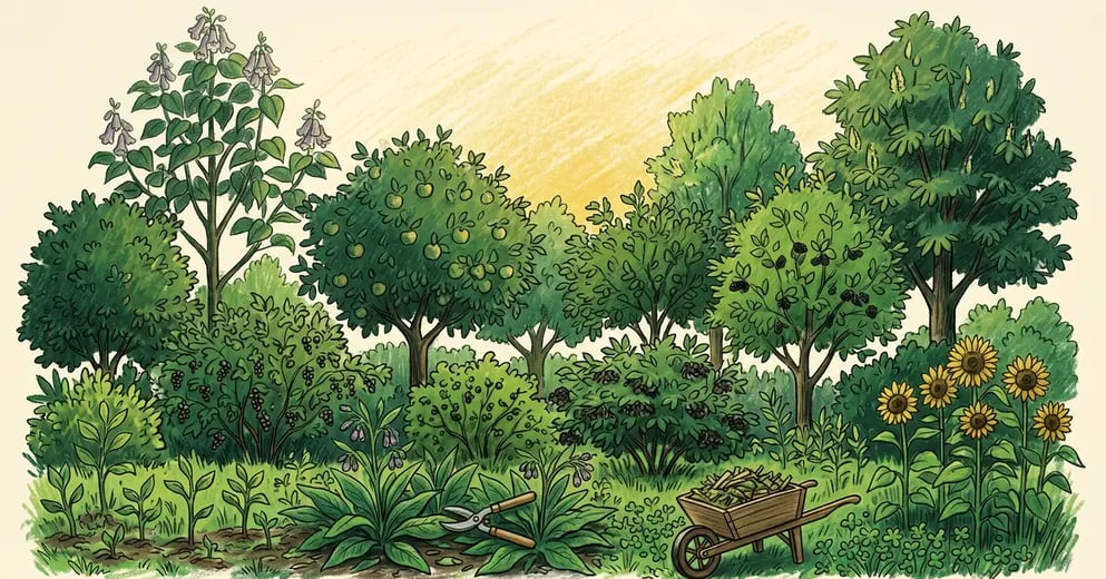 Layered syntropic guild garden with emergent trees, fruit canopy, currants and elderberry, dense ground cover of comfrey and sunflowers
