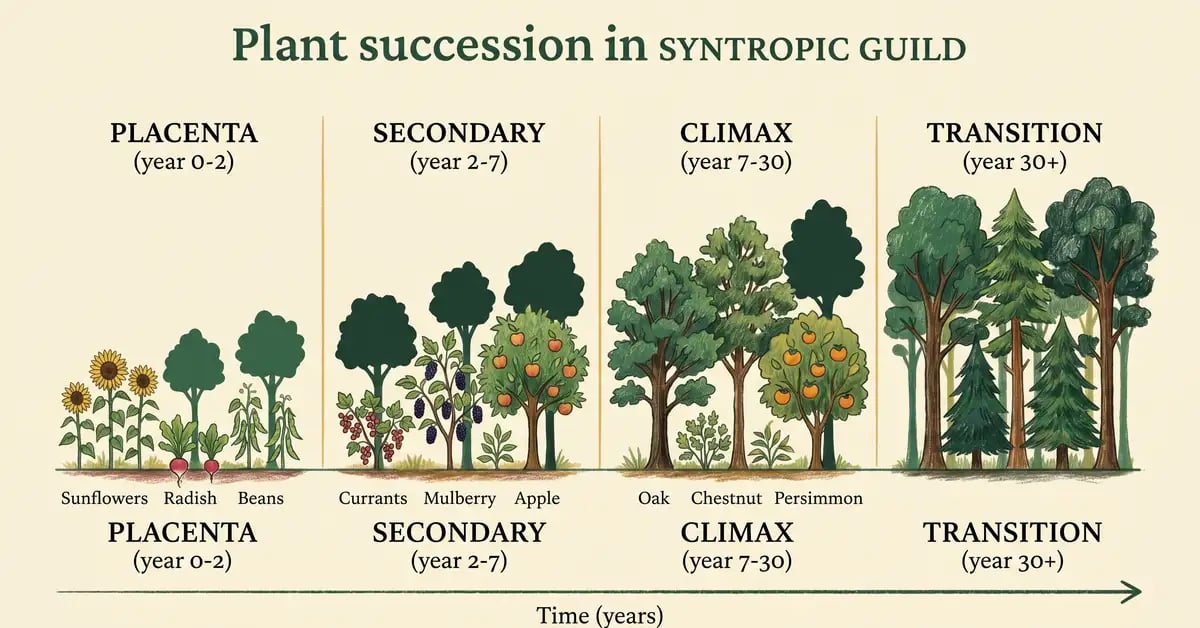 Horizontal timeline showing the four succession stages of a syntropic guild from placenta to transition with representative plants in each phase