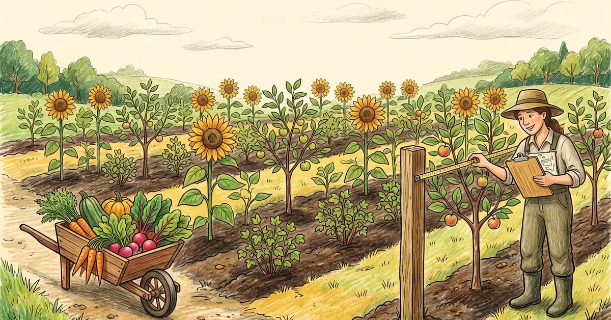 Young syntropic farm at year 2 with blooming sunflowers and young fruit trees, farmer measuring growth with a wheelbarrow of vegetables nearby
