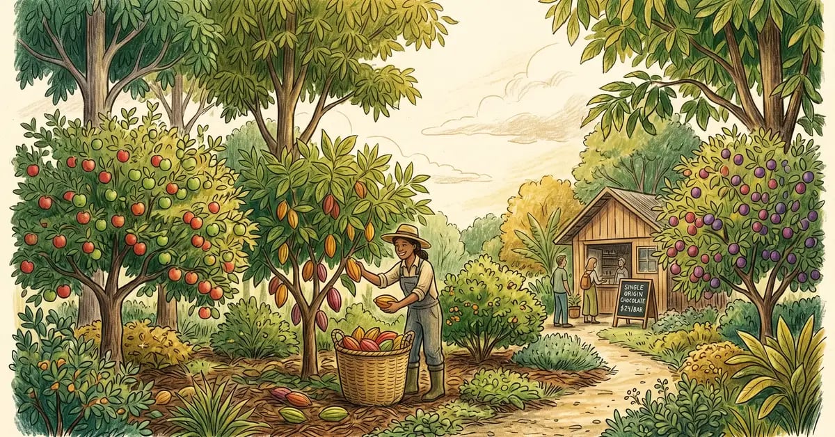 Mature year-10 syntropic farm with tall paulownia, fruit trees, and a farm shop selling single-origin chocolate at $24 per bar