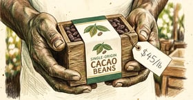 Farmer's hands holding a wooden box of single-origin cacao beans with a $45 per pound price tag