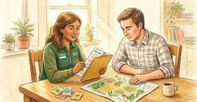 USDA NRCS planner reviewing grant paperwork at a wooden table with a farmer and a map of the farm property