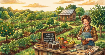 Small US homestead syntropic farm at golden hour with farm stand displaying cacao, coffee, fruit, eggs, and a farmer counting cash