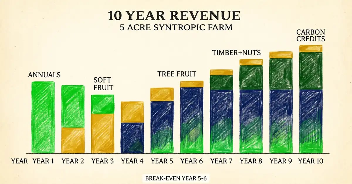 Ten-year revenue chart for a 5-acre syntropic farm showing stacked income from annuals, soft fruit, tree fruit, timber and nuts, and carbon credits with break-even at year 5 to 6