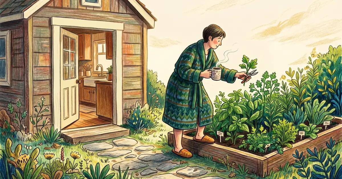 Gardener in slippers and a robe stepping out the kitchen door holding a coffee mug while snipping basil and parsley from a raised bed three steps away
