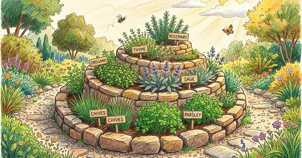 Stone herb spiral with thyme, sage, rosemary, oregano, parsley, and chives growing in concentric levels with sun and shade variation
