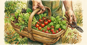 Hands holding a wooden trug full of just-picked salad leaves, cherry tomatoes, basil, and strawberries beside a pair of garden snips