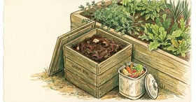 Small wooden worm bin beside a raised bed showing brown vermicompost and red wigglers with a kitchen scrap container next to it