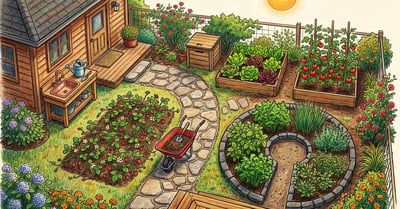 Overhead view of a backyard Zone 1 kitchen garden with keyhole bed, raised beds, compost bin, and stone path next to the back door of a cozy home