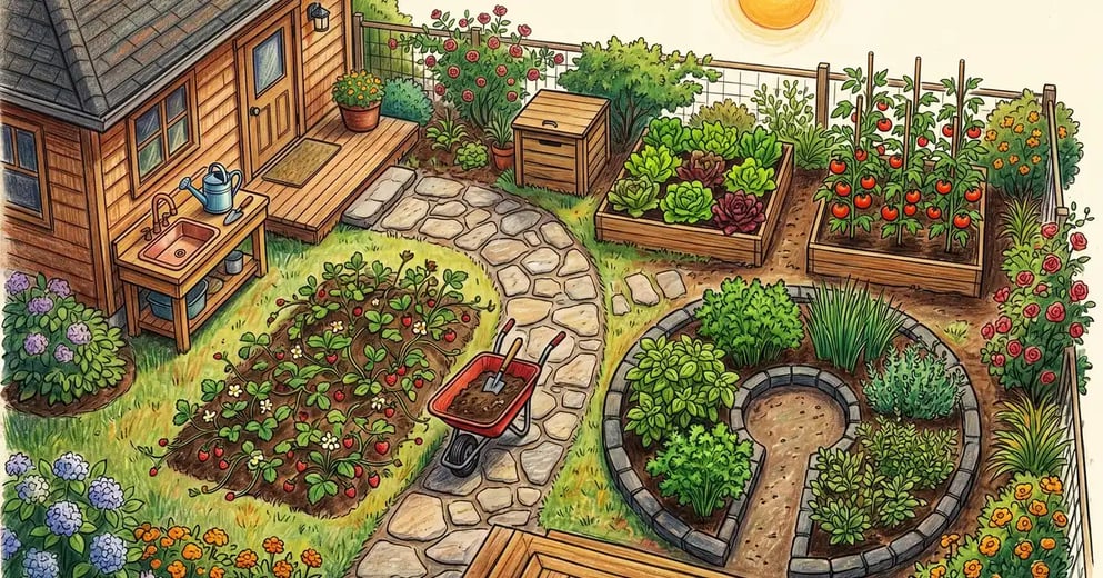 Overhead view of a backyard Zone 1 kitchen garden with keyhole bed, raised beds, compost bin, and stone path next to the back door of a cozy home