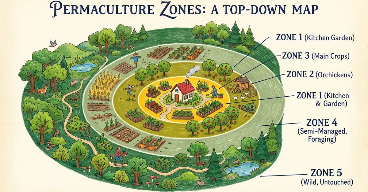 Top-down infographic map of the five permaculture zones radiating from a central house with Zone 1 highlighted in gold and outer zones shading darker green