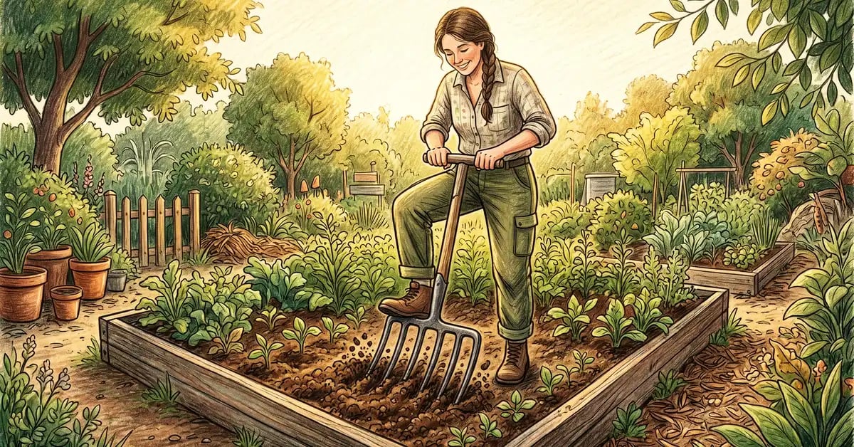 Gardener using a broadfork with five tines in a raised bed pressing down on the cross bar to lift and aerate soil without inversion