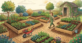 Backyard with raised garden beds and designated wood-chip paths between them, gardener walking only on the paths