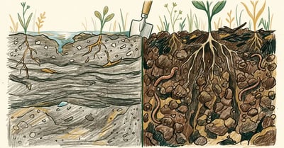Cross-section comparison of compacted soil with broken roots and pooled water versus healthy crumbly soil with deep roots and earthworms