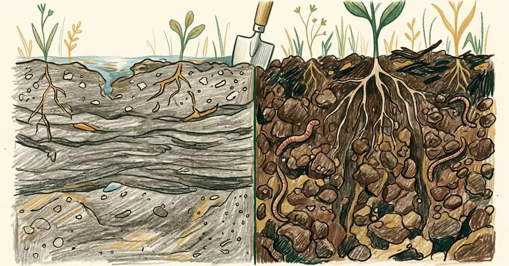 Cross-section comparison of compacted soil with broken roots and pooled water versus healthy crumbly soil with deep roots and earthworms