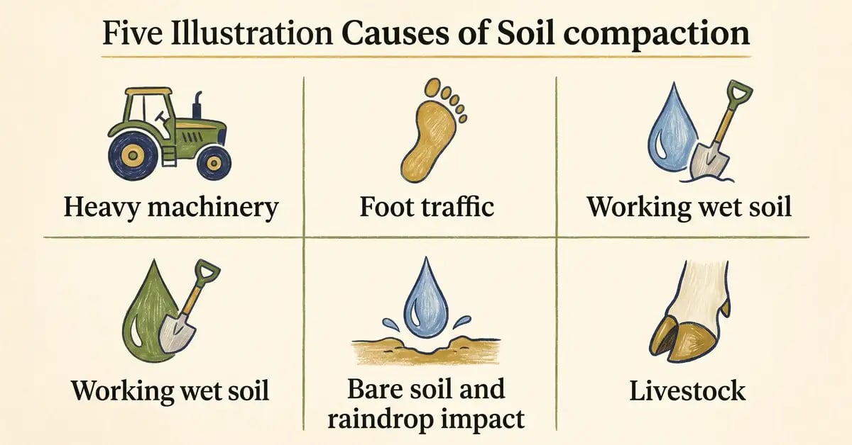 Pencil illustration infographic of five common soil compaction causes with icons for machinery, foot traffic, working wet soil, bare soil and raindrop impact, and livestock