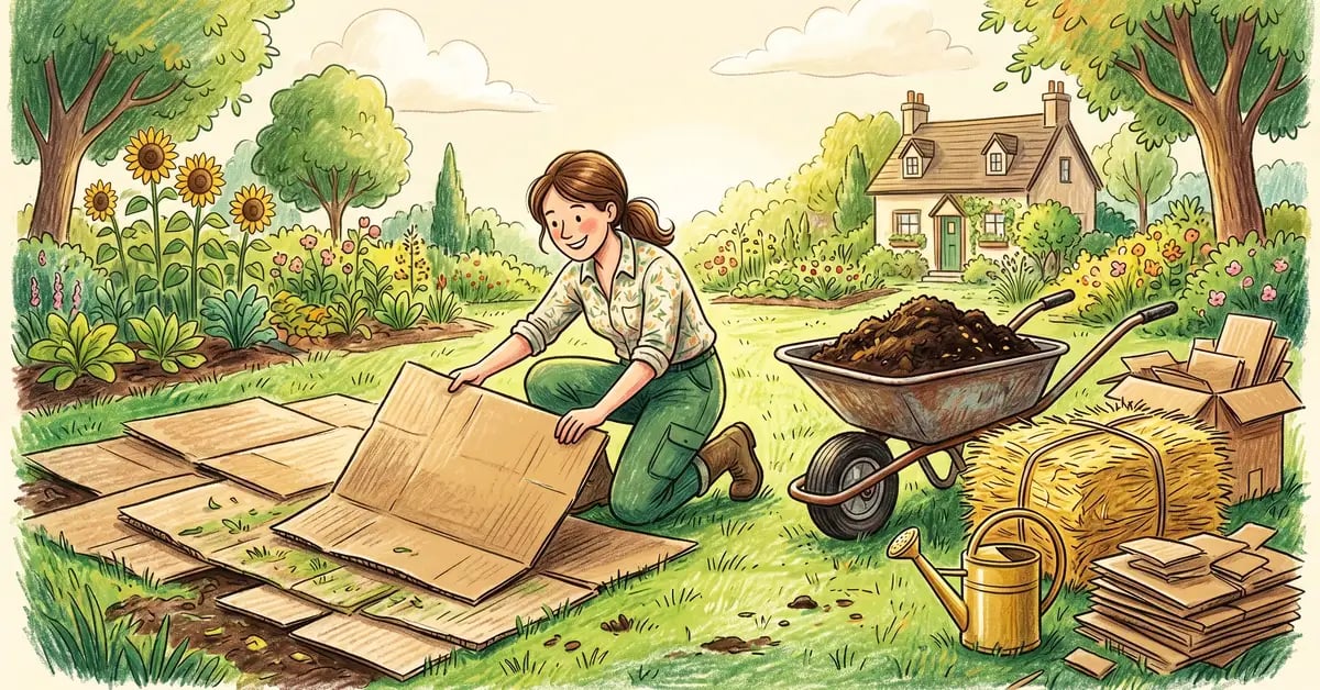 Homeowner kneeling on lawn laying overlapping cardboard sheets, with a wheelbarrow of compost, bale of straw, and watering can nearby