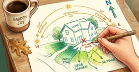 Hand drawing a property map with sun arrows, north arrow, kitchen door, and shaded zones radiating from the house, with a coffee mug nearby