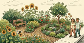 Fully transformed permaculture front yard in late summer year 2 with sunflowers, tomatoes, an apple tree, herb spiral, bench, and neighbors walking by smiling