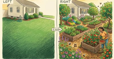 Side-by-side transformation of a typical American front lawn into a vibrant permaculture garden with raised beds, fruit trees, and pollinator flowers