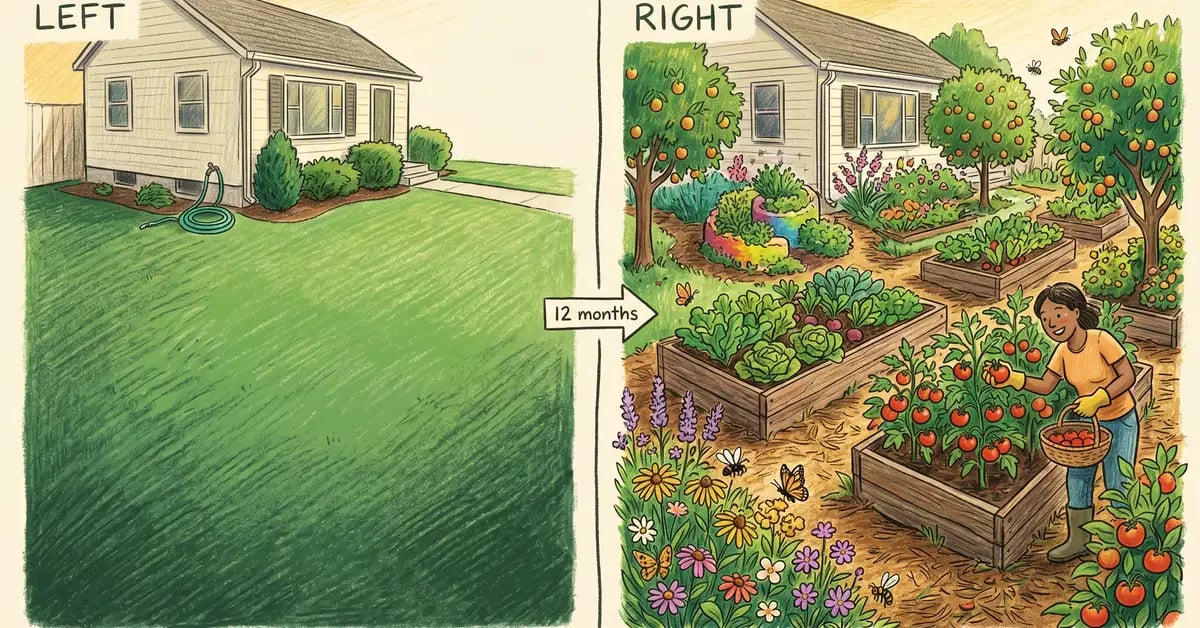 Side-by-side illustration of a typical American front lawn transformed into a layered permaculture garden with raised beds, fruit trees, herb spiral, and pollinator flowers over 12 months