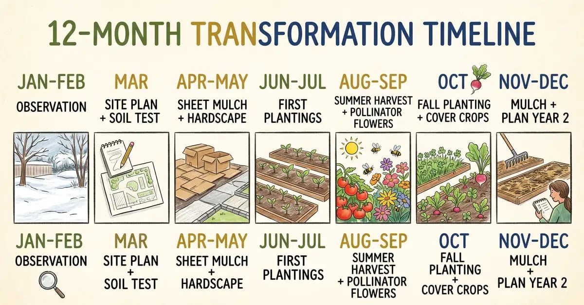 Hand-illustrated 12-month timeline showing observation, site planning, sheet mulching, first plantings, summer harvest, fall cover crops, and year-two planning across the seasons
