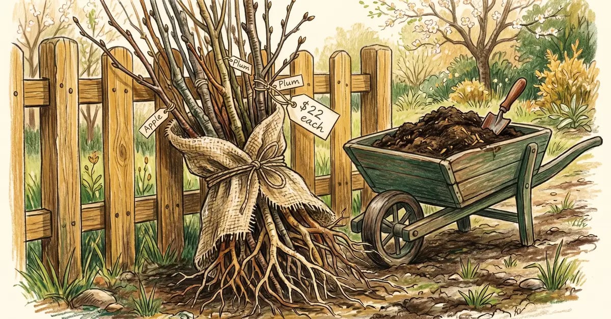 Bundle of bare-root fruit tree saplings wrapped in damp burlap leaning against a wooden fence beside a wheelbarrow of compost
