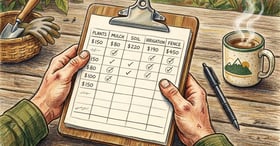Homesteader holding a clipboard with a budget spreadsheet sketched in pencil showing columns for plants, mulch, soil, irrigation, and fence