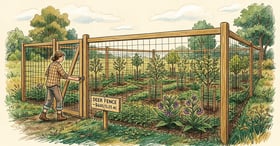 Seven foot wooden deer fence surrounding a young food forest planting with saplings, ground covers, and a homesteader closing a fence gate