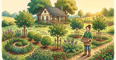 Young US homestead food forest at year two with staked fruit trees, currant bushes, herb spiral, comfrey, and ground covers with a homeowner holding a small wooden seed-money box