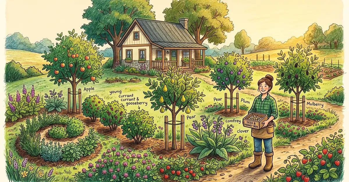 Young US homestead food forest at year two with staked fruit trees, currant bushes, herb spiral, comfrey, and ground covers with a homeowner holding a small wooden seed-money box
