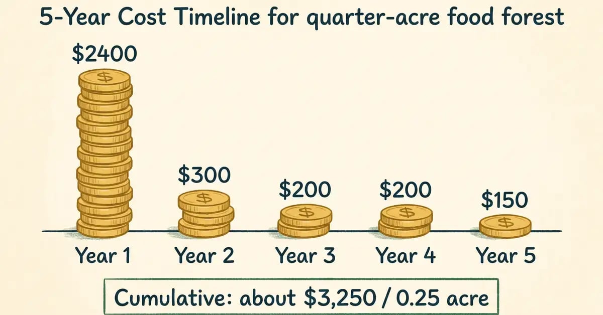 Five-year cost timeline infographic showing year-1 stack of coins large then small stacks for years 2 to 5 with cumulative label of about 3,250 dollars per quarter acre