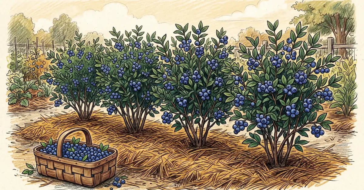 Six healthy blueberry bushes loaded with berries mulched with three inches of golden pine needle mulch with a wooden harvest basket at the edge