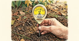 Hand holding a pH soil meter in pine needle mulched soil with the dial reading 6.7 near neutral