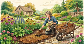 Homeowner spreading pine needles by hand on a perennial border with a wheelbarrow of pine needles and a wooden pitchfork nearby