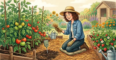 Garden bed with golden brown pine needle mulch around healthy tomato and strawberry plants with weekend gardener examining needles and soil pH meter reading 6.8 neutral