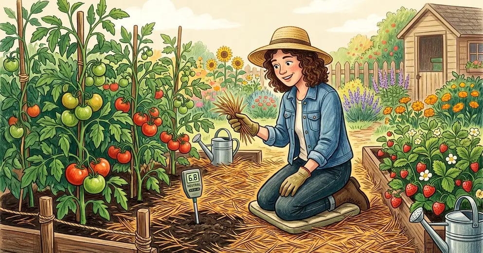 Garden bed with golden brown pine needle mulch around healthy tomato and strawberry plants with weekend gardener examining needles and soil pH meter reading 6.8 neutral