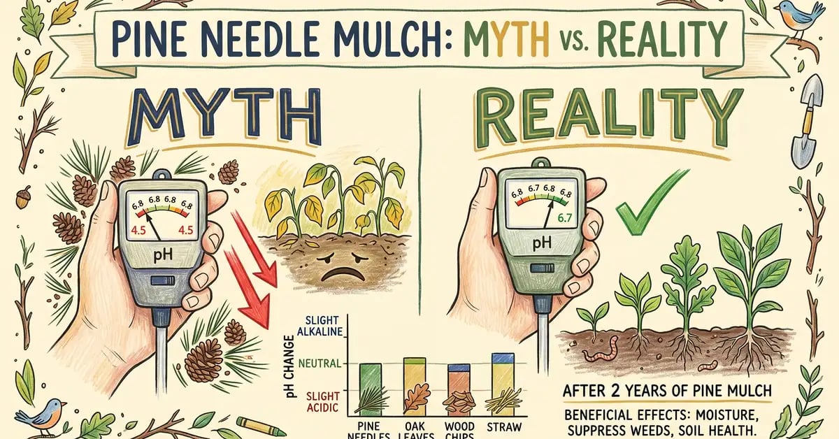 Infographic comparing the myth of pine needle mulch dropping soil pH from 6.8 to 4.5 versus the reality that soil pH stays near 6.7 to 6.8 after two years of pine mulch