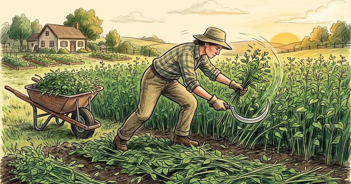 Homesteader using a sickle to chop down chest-high mature buckwheat just before flowering with chopped material lying flat on the bed as living mulch
