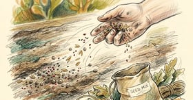Gardener's hand broadcasting a mix of crimson clover, oats, and tillage radish seed across a freshly raked garden bed with a canvas seed bag nearby