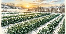 Winter garden with rows of cereal rye and crimson clover under a light dusting of snow with a wooden fence and low winter sunlight