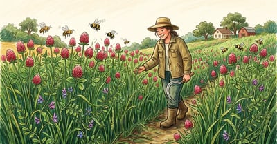 Spring field of green manure cover crops with blooming crimson clover, knee high winter rye, and hairy vetch with a homesteader walking through with a hand sickle