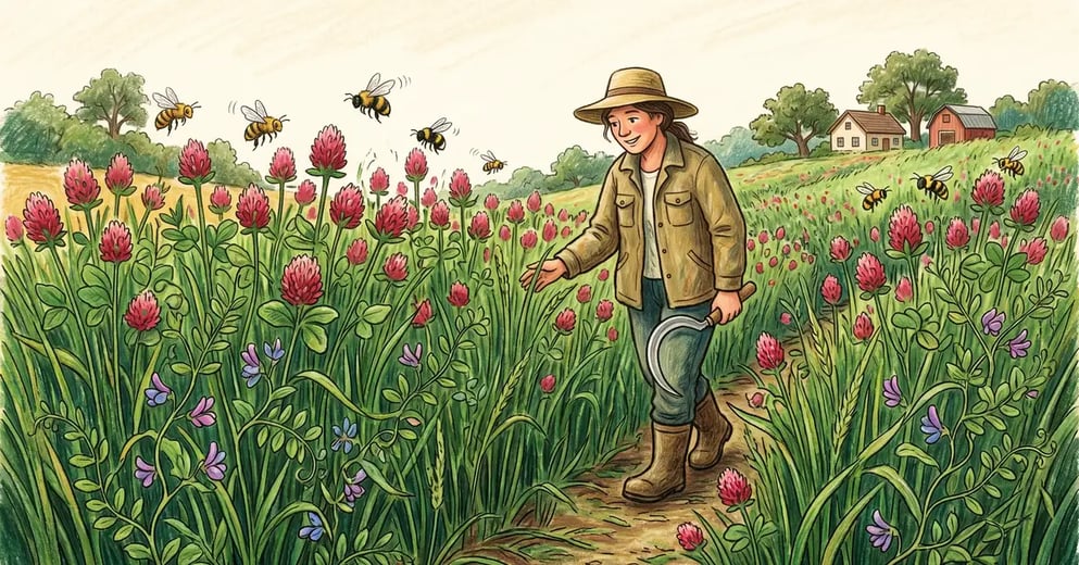 Spring field of green manure cover crops with blooming crimson clover, knee high winter rye, and hairy vetch with a homesteader walking through with a hand sickle