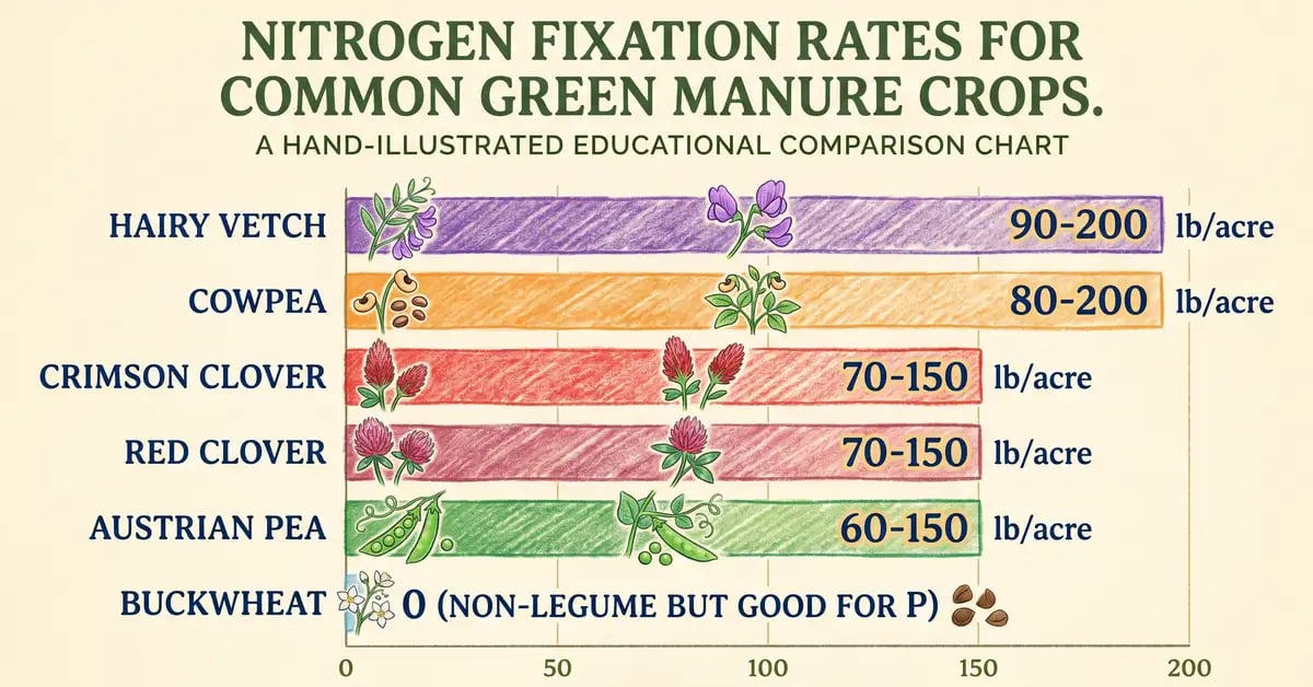 Infographic showing nitrogen fixation rates for crimson clover, hairy vetch, Austrian pea, red clover, cowpea, and buckwheat as horizontal bars labeled in pounds per acre