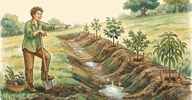 Wide contour swale cut into a sloping subtropical pasture, planted with young fruit trees on the downhill berm and a homesteader explaining the design with a shovel