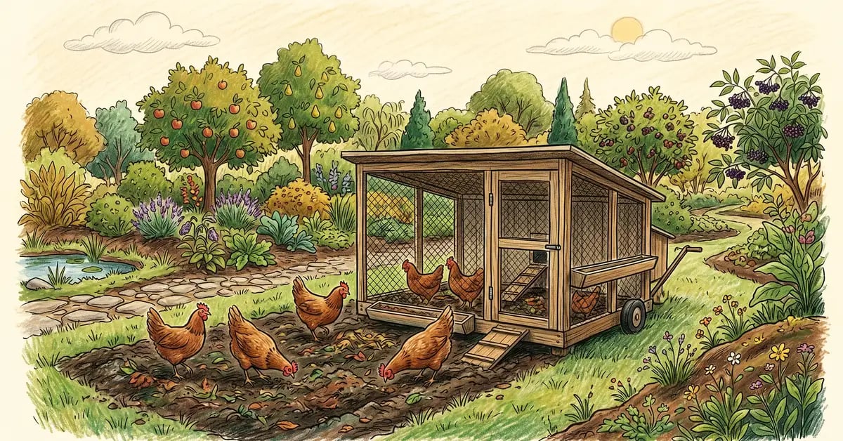 Chicken tractor with brown hens scratching and foraging on a freshly prepared bed at a permaculture farm with food forest in the background