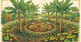 Banana circle with six banana plants around a central composting pit filled with kitchen scraps and chopped biomass with sweet potato and pumpkin vines on the soil