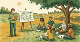 Small group of permaculture students sitting under a shade tree at a farm classroom listening to a teacher with a clipboard and whiteboard easel showing a hand-drawn farm design