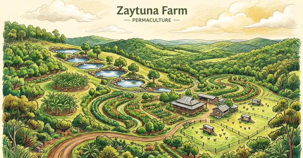 Aerial view of Zaytuna Farm in subtropical Australia with layered food forests, banana circles, contour swales, small dams, chicken tractor systems, and a central farmhouse